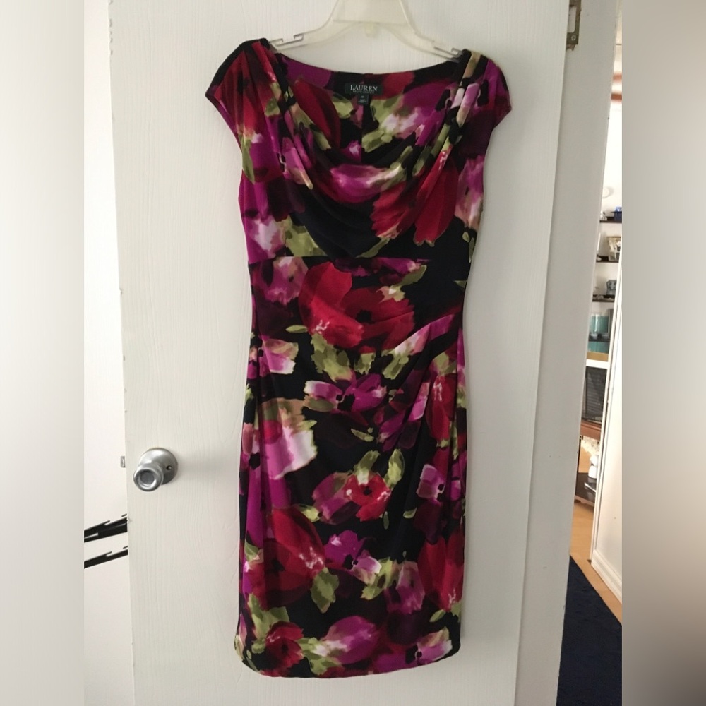 Ralph Lauren Black Midi Dress with Magenta and Red Floral Print Sz 10